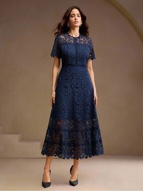 Anewsta Elegant Lace Patchwork Graceful Midi Dress